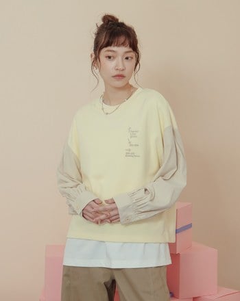 異材質拼接襯衫袖造型落肩上衣(兩色)