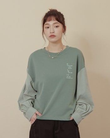 異材質拼接襯衫袖造型落肩上衣(兩色)