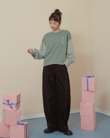 異材質拼接襯衫袖造型落肩上衣(兩色)