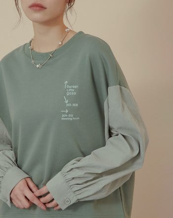 異材質拼接襯衫袖造型落肩上衣(兩色)