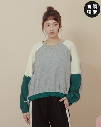 ➤異材質拼接下擺抽繩大學T(兩色)