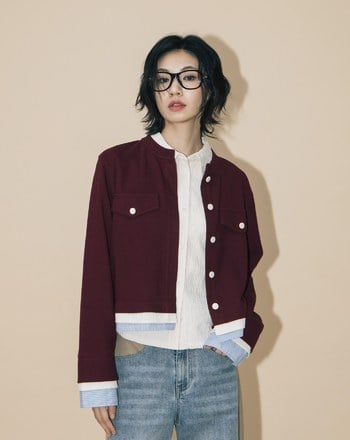 A｜異材質拼接圓領開襟外套(兩色)