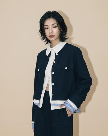 A｜異材質拼接圓領開襟外套(兩色)