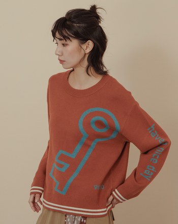 鑰匙圖案撞色緹花針織毛衣(兩色)