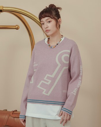 鑰匙圖案撞色緹花針織毛衣(兩色)