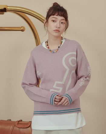 鑰匙圖案撞色緹花針織毛衣(兩色)