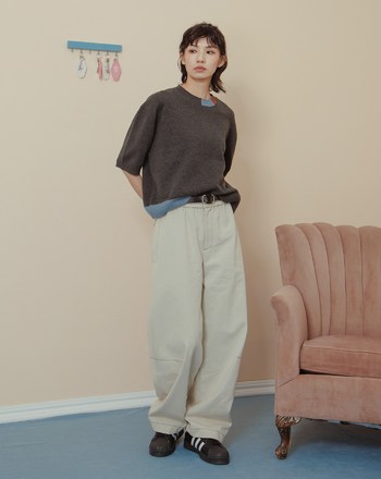 線條色塊拼接短袖針織上衣(兩色)