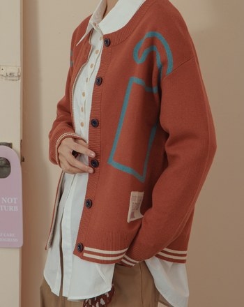 造型圖案撞色緹花開襟針織外套(兩色)