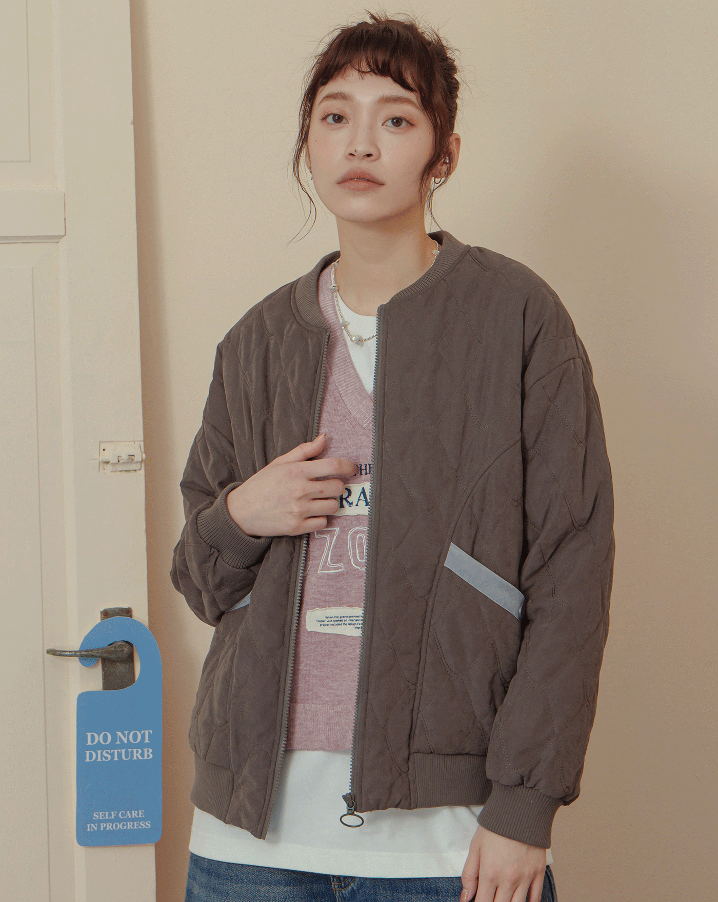 口袋配色菱格壓紋鋪棉外套(三色)