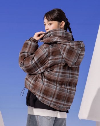 暮棕格紋可拆式連帽鋪棉外套