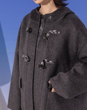 ➤緹花織帶牛角釦羊毛連帽短大衣(兩色)