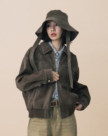 A｜復古仿麂皮壓線廓型雙向拉鍊外套(兩色)