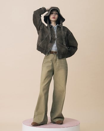 A｜復古仿麂皮壓線廓型雙向拉鍊外套(兩色)