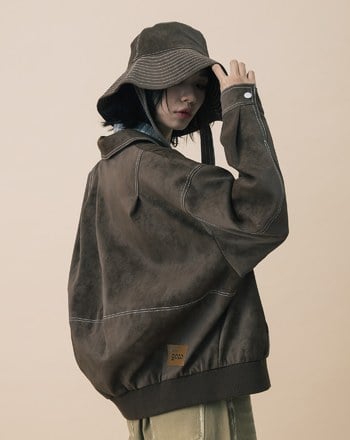 A｜復古仿麂皮壓線廓型雙向拉鍊外套(兩色)