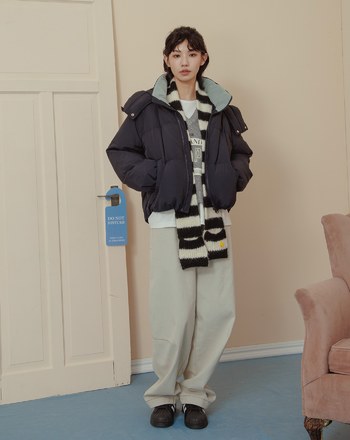 口袋造型條紋羊毛圍巾(兩色)