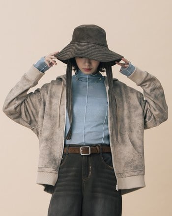 A｜仿麂皮配色壓線寬綁帶漁夫帽(兩色)