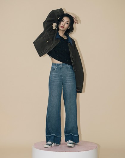 ◢shadow修容雙色拼接牛仔寬褲(兩色)